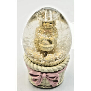 Enesco Egg Snow Globe Bear in‎ Basket with Pink Bow – 1992 Vintage
